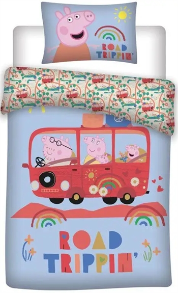 Gurli gris junior sengetøj 100x140 cm - Gurli gris på tur - 2 i 1 design - Road trip - 100% bomuld